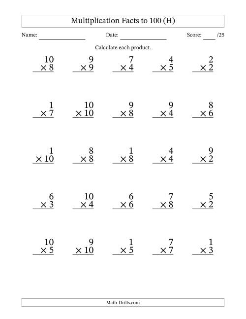 The Multiplication Facts to 100 (25 Questions) (No Zeros) (H) Math Worksheet