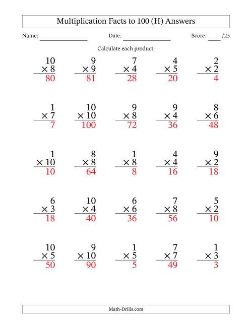 The Multiplication Facts to 100 (25 Questions) (No Zeros) (H) Math Worksheet Page 2