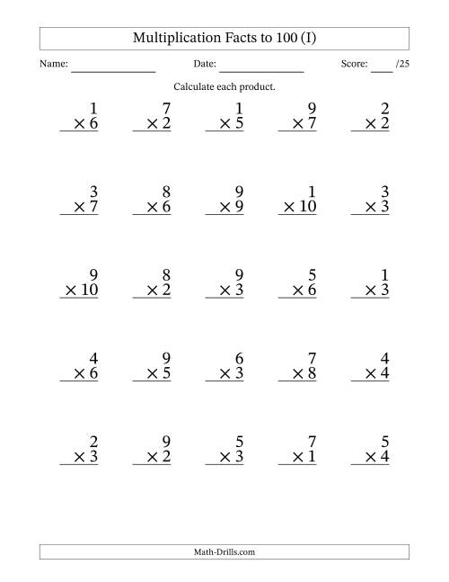 The Multiplication Facts to 100 (25 Questions) (No Zeros) (I) Math Worksheet