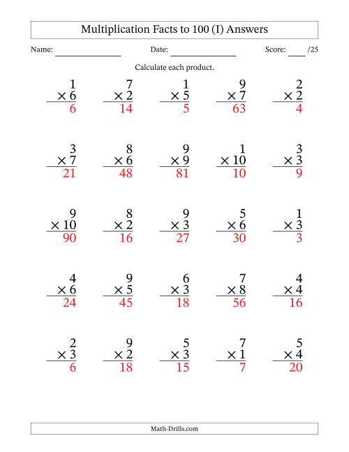 The Multiplication Facts to 100 (25 Questions) (No Zeros) (I) Math Worksheet Page 2