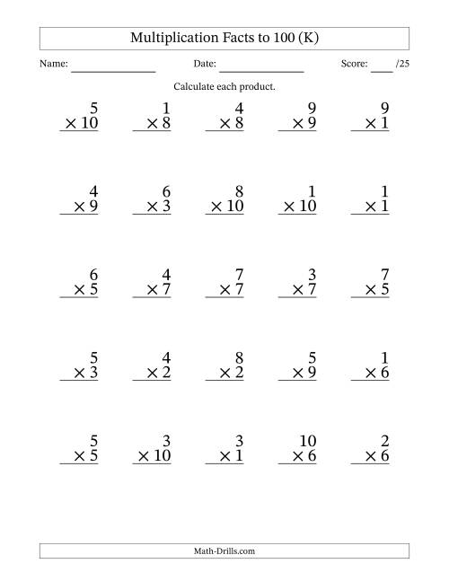 The Multiplication Facts to 100 (25 Questions) (No Zeros) (K) Math Worksheet