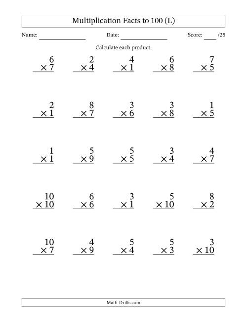 The Multiplication Facts to 100 (25 Questions) (No Zeros) (L) Math Worksheet