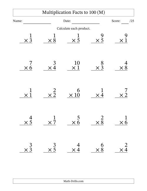 The Multiplication Facts to 100 (25 Questions) (No Zeros) (M) Math Worksheet