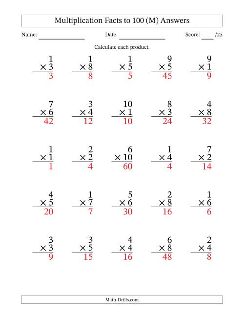 The Multiplication Facts to 100 (25 Questions) (No Zeros) (M) Math Worksheet Page 2