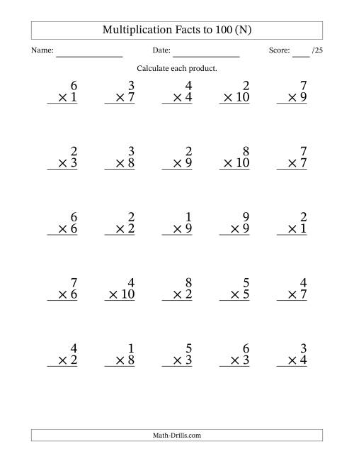 The Multiplication Facts to 100 (25 Questions) (No Zeros) (N) Math Worksheet