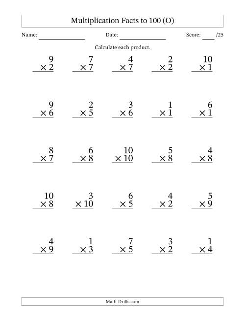 The Multiplication Facts to 100 (25 Questions) (No Zeros) (O) Math Worksheet
