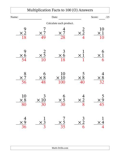 The Multiplication Facts to 100 (25 Questions) (No Zeros) (O) Math Worksheet Page 2