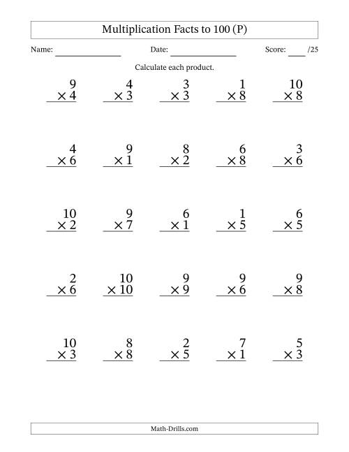 The Multiplication Facts to 100 (25 Questions) (No Zeros) (P) Math Worksheet