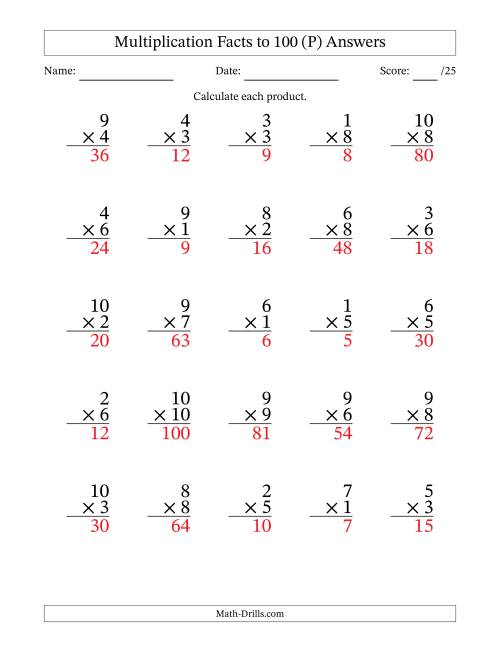 The Multiplication Facts to 100 (25 Questions) (No Zeros) (P) Math Worksheet Page 2