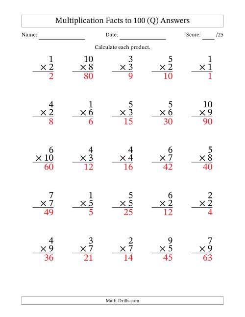 The Multiplication Facts to 100 (25 Questions) (No Zeros) (Q) Math Worksheet Page 2