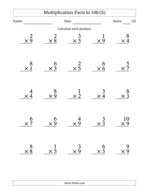 The Multiplication Facts to 100 (25 Questions) (No Zeros) (S) Math Worksheet