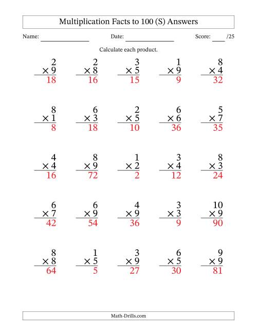 The Multiplication Facts to 100 (25 Questions) (No Zeros) (S) Math Worksheet Page 2