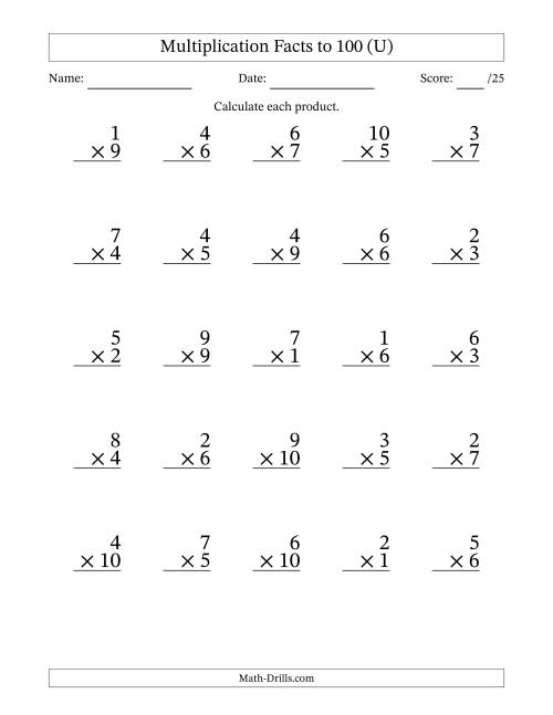 The Multiplication Facts to 100 (25 Questions) (No Zeros) (U) Math Worksheet