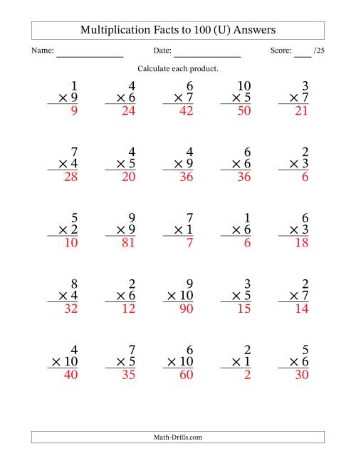 The Multiplication Facts to 100 (25 Questions) (No Zeros) (U) Math Worksheet Page 2