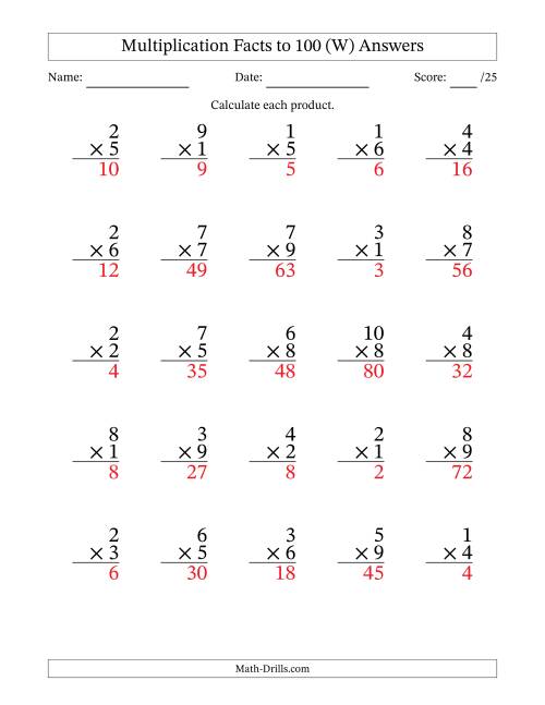 The Multiplication Facts to 100 (25 Questions) (No Zeros) (W) Math Worksheet Page 2