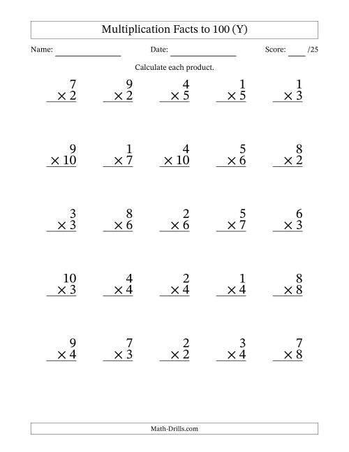 The Multiplication Facts to 100 (25 Questions) (No Zeros) (Y) Math Worksheet