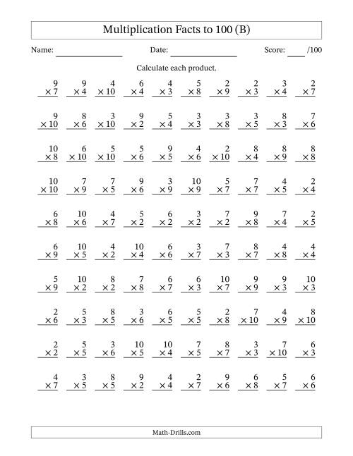 The Multiplication Facts to 100 (100 Questions) (No Zeros or Ones) (B) Math Worksheet