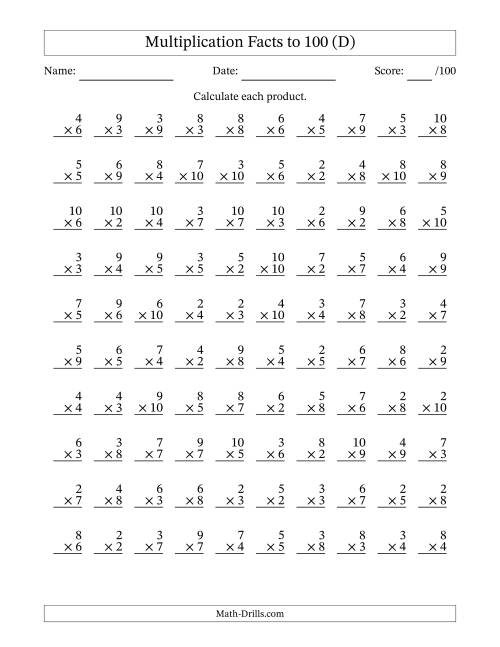 The Multiplication Facts to 100 (100 Questions) (No Zeros or Ones) (D) Math Worksheet