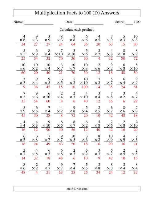 The Multiplication Facts to 100 (100 Questions) (No Zeros or Ones) (D) Math Worksheet Page 2
