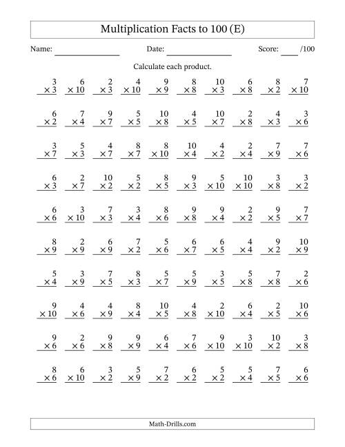 The Multiplication Facts to 100 (100 Questions) (No Zeros or Ones) (E) Math Worksheet