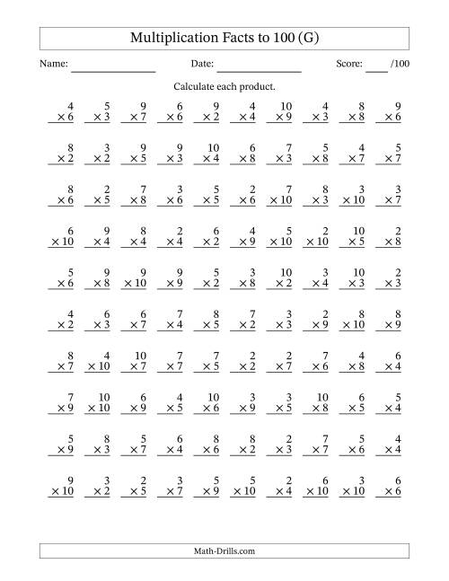 The Multiplication Facts to 100 (100 Questions) (No Zeros or Ones) (G) Math Worksheet