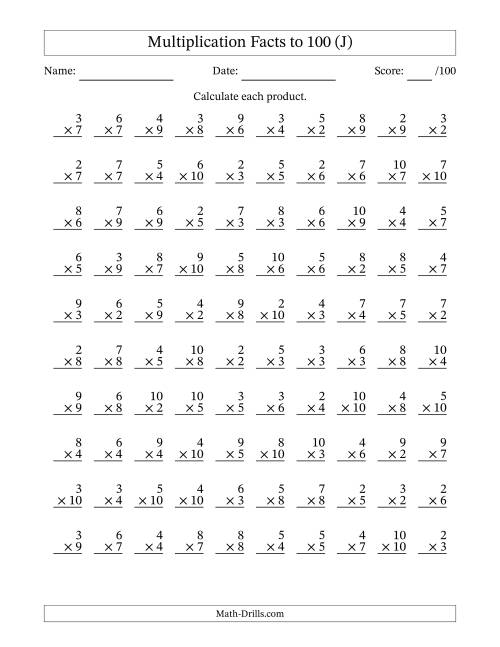 The Multiplication Facts to 100 (100 Questions) (No Zeros or Ones) (J) Math Worksheet