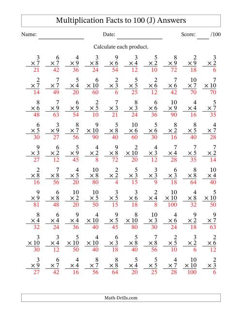 The Multiplication Facts to 100 (100 Questions) (No Zeros or Ones) (J) Math Worksheet Page 2