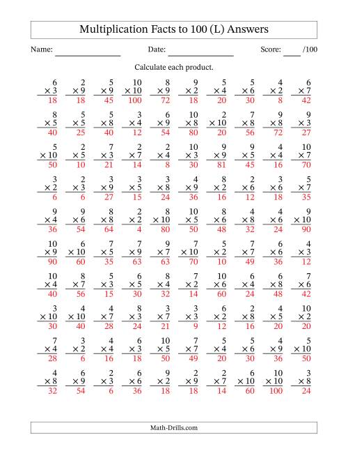 The Multiplication Facts to 100 (100 Questions) (No Zeros or Ones) (L) Math Worksheet Page 2