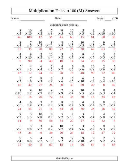 The Multiplication Facts to 100 (100 Questions) (No Zeros or Ones) (M) Math Worksheet Page 2
