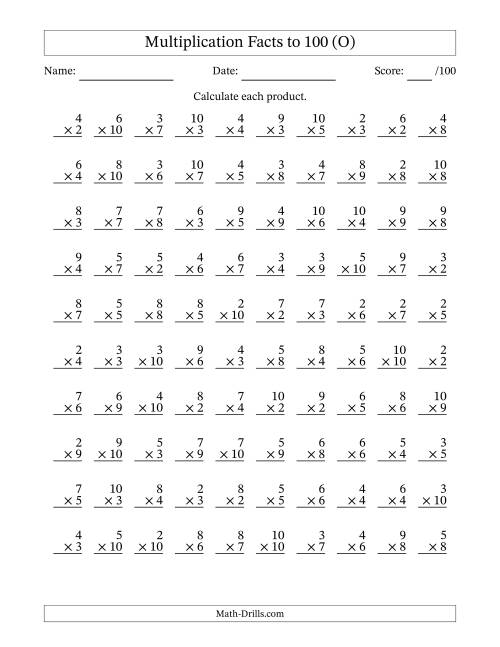 The Multiplication Facts to 100 (100 Questions) (No Zeros or Ones) (O) Math Worksheet