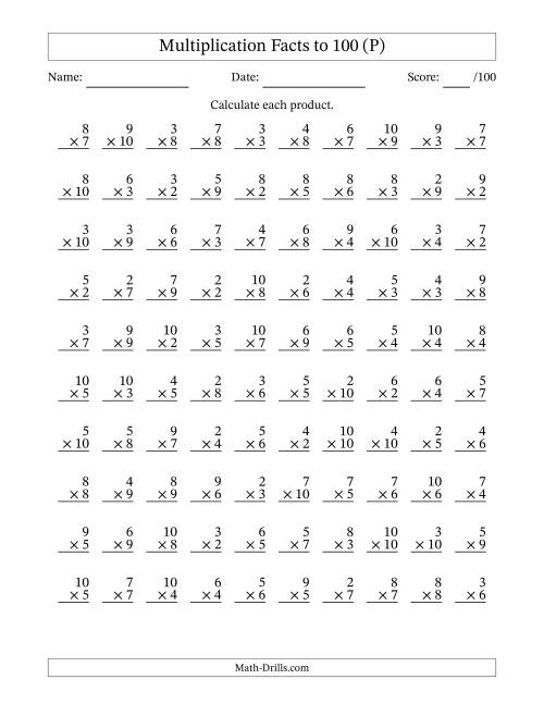The Multiplication Facts to 100 (100 Questions) (No Zeros or Ones) (P) Math Worksheet