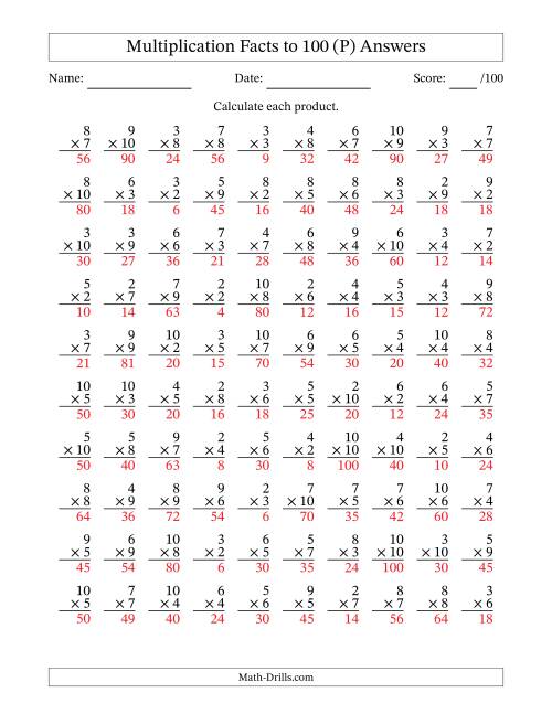 The Multiplication Facts to 100 (100 Questions) (No Zeros or Ones) (P) Math Worksheet Page 2