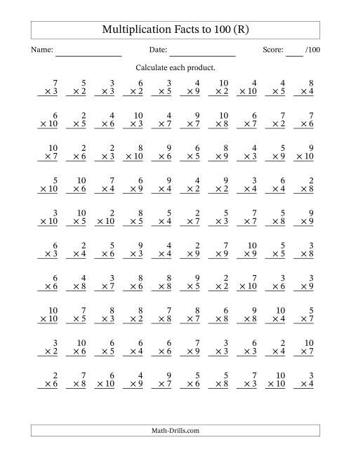 The Multiplication Facts to 100 (100 Questions) (No Zeros or Ones) (R) Math Worksheet
