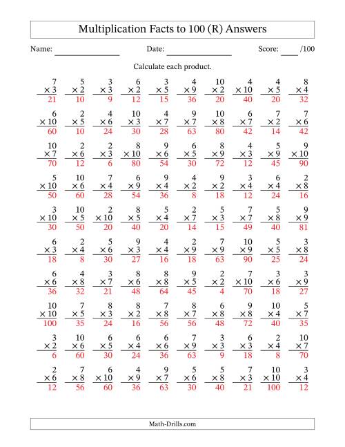 The Multiplication Facts to 100 (100 Questions) (No Zeros or Ones) (R) Math Worksheet Page 2