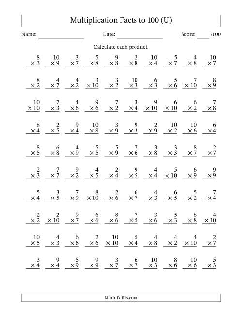 The Multiplication Facts to 100 (100 Questions) (No Zeros or Ones) (U) Math Worksheet