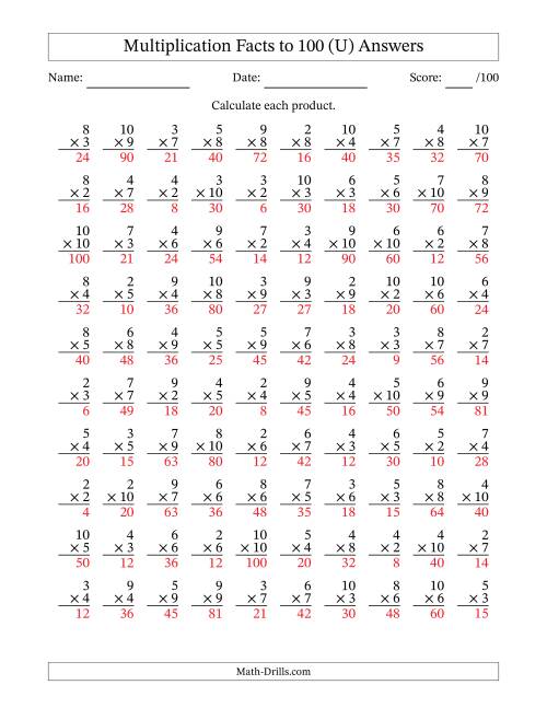 The Multiplication Facts to 100 (100 Questions) (No Zeros or Ones) (U) Math Worksheet Page 2