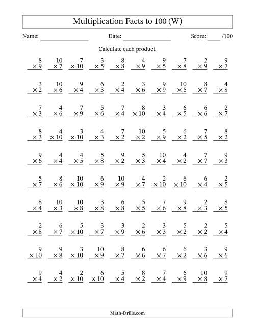 The Multiplication Facts to 100 (100 Questions) (No Zeros or Ones) (W) Math Worksheet