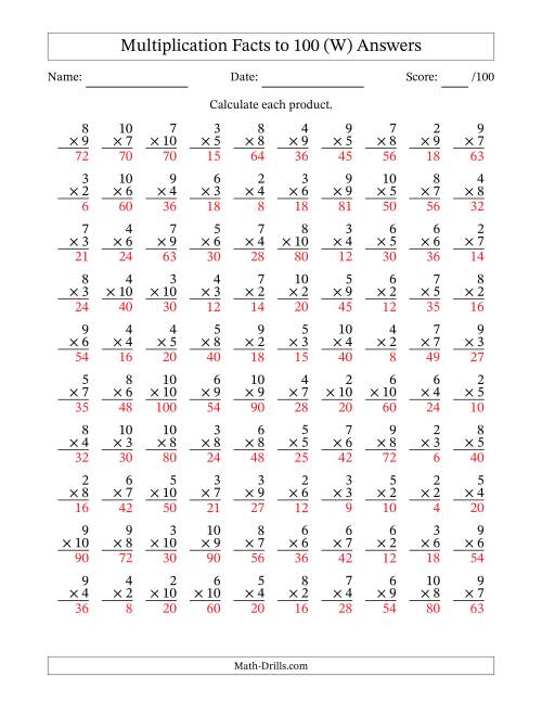 The Multiplication Facts to 100 (100 Questions) (No Zeros or Ones) (W) Math Worksheet Page 2
