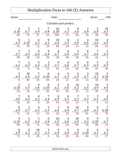 The Multiplication Facts to 100 (100 Questions) (No Zeros or Ones) (X) Math Worksheet Page 2