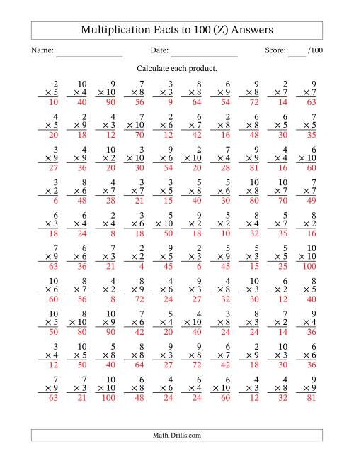 The Multiplication Facts to 100 (100 Questions) (No Zeros or Ones) (Z) Math Worksheet Page 2