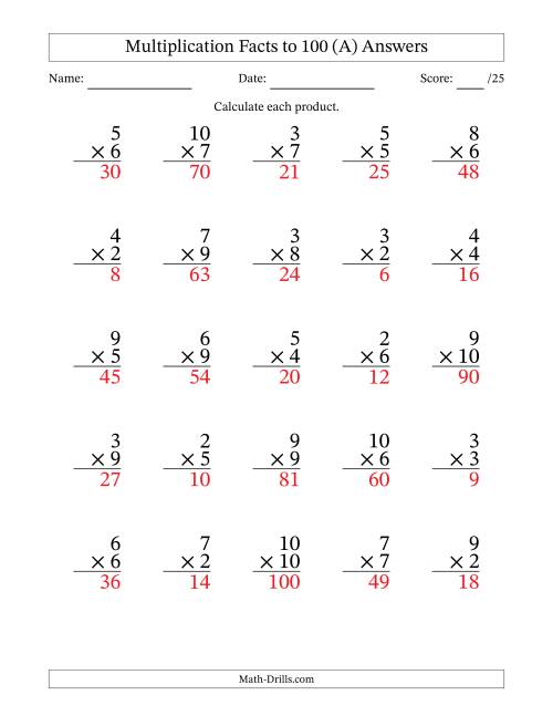 The Multiplication Facts to 100 (25 Questions) (No Zeros or Ones) (A) Math Worksheet Page 2