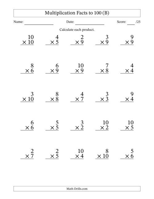 The Multiplication Facts to 100 (25 Questions) (No Zeros or Ones) (B) Math Worksheet