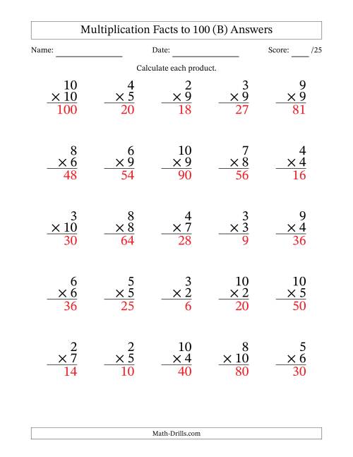 The Multiplication Facts to 100 (25 Questions) (No Zeros or Ones) (B) Math Worksheet Page 2