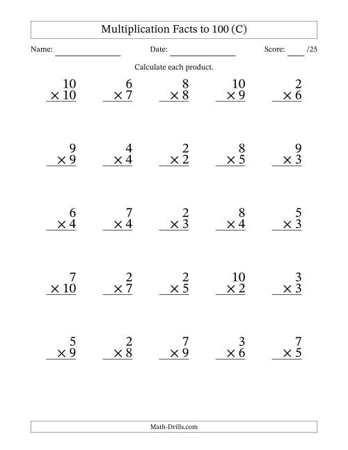 The Multiplication Facts to 100 (25 Questions) (No Zeros or Ones) (C) Math Worksheet