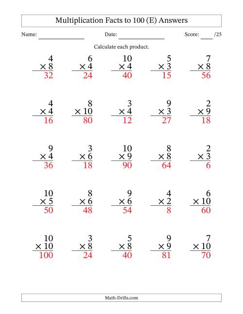 The Multiplication Facts to 100 (25 Questions) (No Zeros or Ones) (E) Math Worksheet Page 2