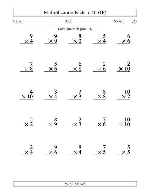 The Multiplication Facts to 100 (25 Questions) (No Zeros or Ones) (F) Math Worksheet