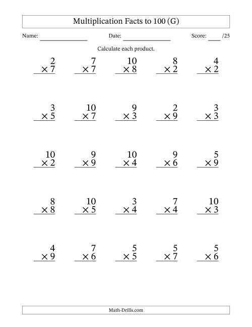 The Multiplication Facts to 100 (25 Questions) (No Zeros or Ones) (G) Math Worksheet
