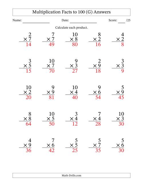 The Multiplication Facts to 100 (25 Questions) (No Zeros or Ones) (G) Math Worksheet Page 2