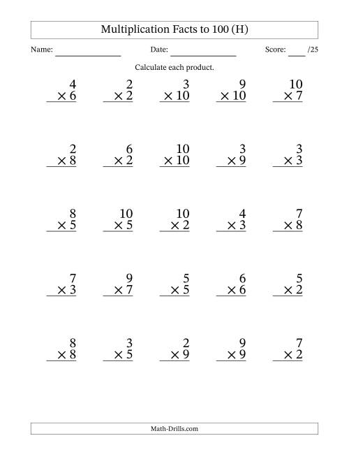 The Multiplication Facts to 100 (25 Questions) (No Zeros or Ones) (H) Math Worksheet
