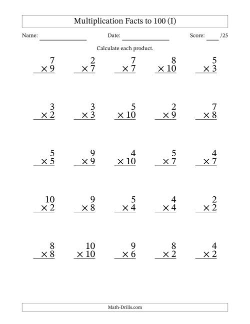 The Multiplication Facts to 100 (25 Questions) (No Zeros or Ones) (I) Math Worksheet